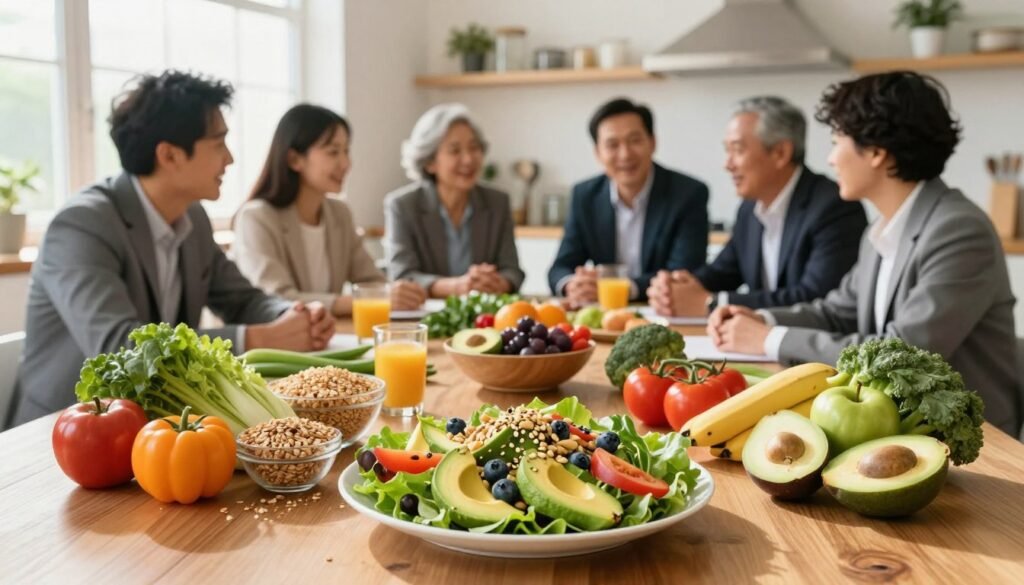 A balanced nutrition concept illustration featuring a colorful display of fresh fruits, vegetables, whole grains, and protein sources artfully arranged on a wooden table. In the foreground, a vibrant plate of salad with avocado, nuts, and seeds, reflecting the principles of balanced diets. In the middle ground, a diverse group of people in professional business attire, actively discussing nutrition goals and health benefits around the table, smiling and engaged. The background includes a bright kitchen with sunlight streaming through the window, creating a warm and inviting atmosphere. The lighting is soft and natural, emphasizing the freshness of the food and the positivity of the discussion, with a slightly blurred effect to focus on the subjects in the foreground.