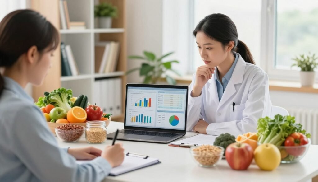 A professional nutritionist in a bright, modern office, intently analyzing a laptop displaying a detailed nutritional assessment while surrounded by colorful charts and food models. In the foreground, the nutritionist, dressed in business casual attire, takes notes on a notepad, with a thoughtful expression, reflecting the importance of evaluating dietary needs. In the middle, a large table is filled with vibrant, fresh fruits, vegetables, and whole grains, showcasing balanced food options. The background includes a well-organized bookshelf filled with nutrition books and plants, creating a calming and scholarly atmosphere. Soft, natural light filters through a window, illuminating the scene and enhancing the focus on dietary planning. The overall mood is professional and focused, evoking the seriousness of diet design and assessment.